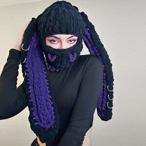 Women's Black Purple Bunny Hat Knit Plush Long Ears Fluffy Cosplay Party Hat
